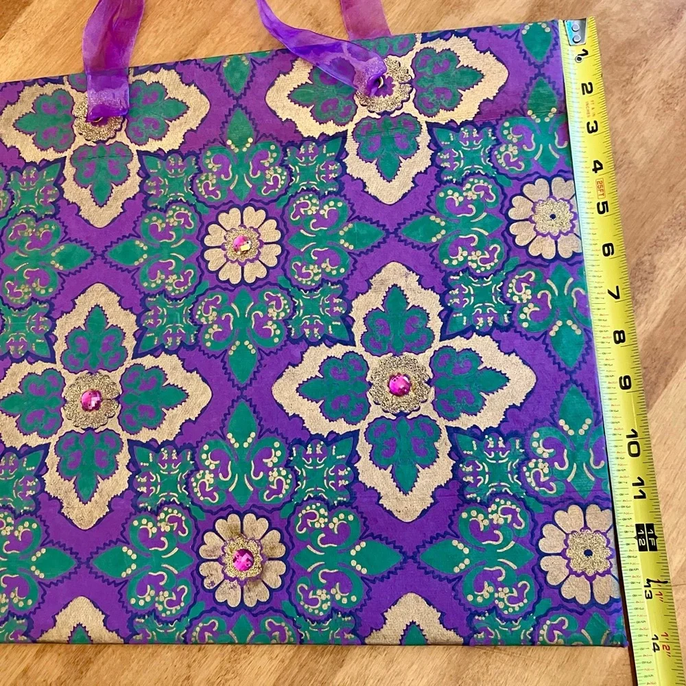Gorgeous embellished gift bag in purple, green and gold, 16x14x6”